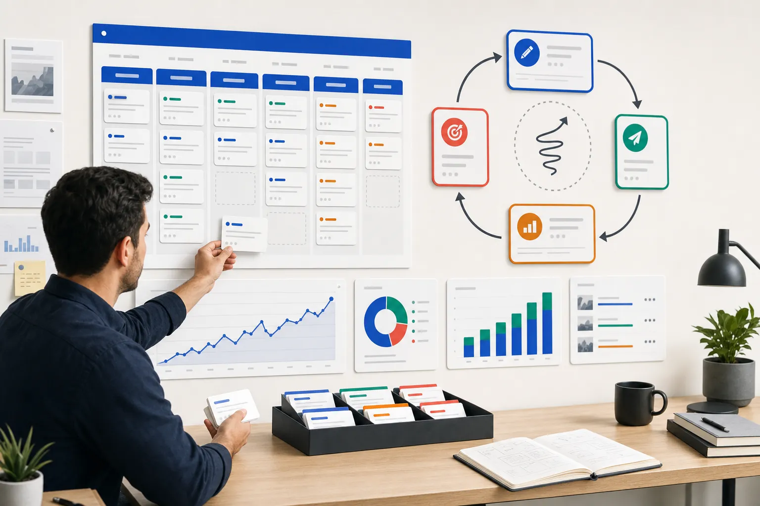 SEO content planning dashboard with keyword clusters, article briefs, and performance charts